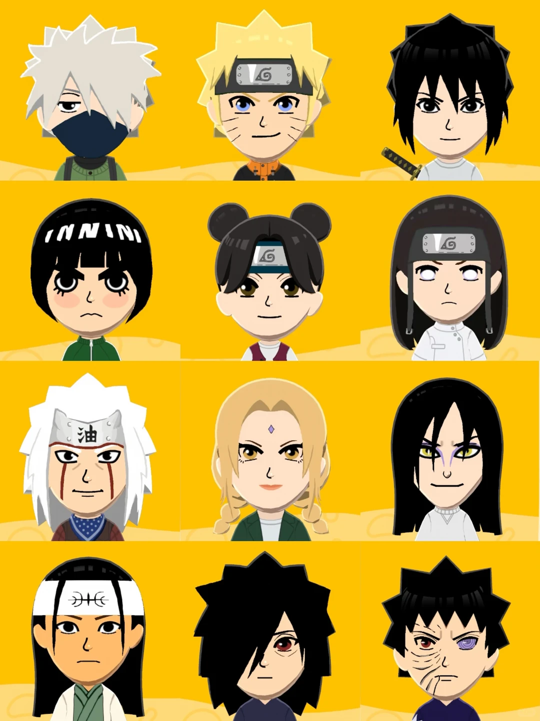 ナルトキャラクターのMiiパラメーターと3枚のコーデ・デザインシート — トモダチライフ DIY 図案
