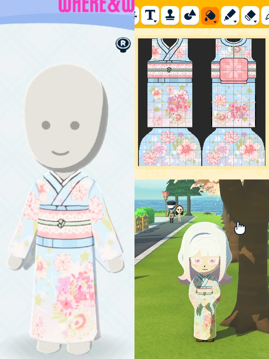 Feuille de motif kimono – Soleil de printemps avec processus de création — Tomodachi Life motif DIY