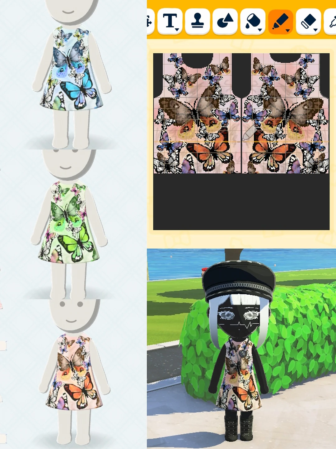 Butterfly Bruise Aesthetic Clothing Pattern Sheet with Process — Tomodachi Life DIY pattern