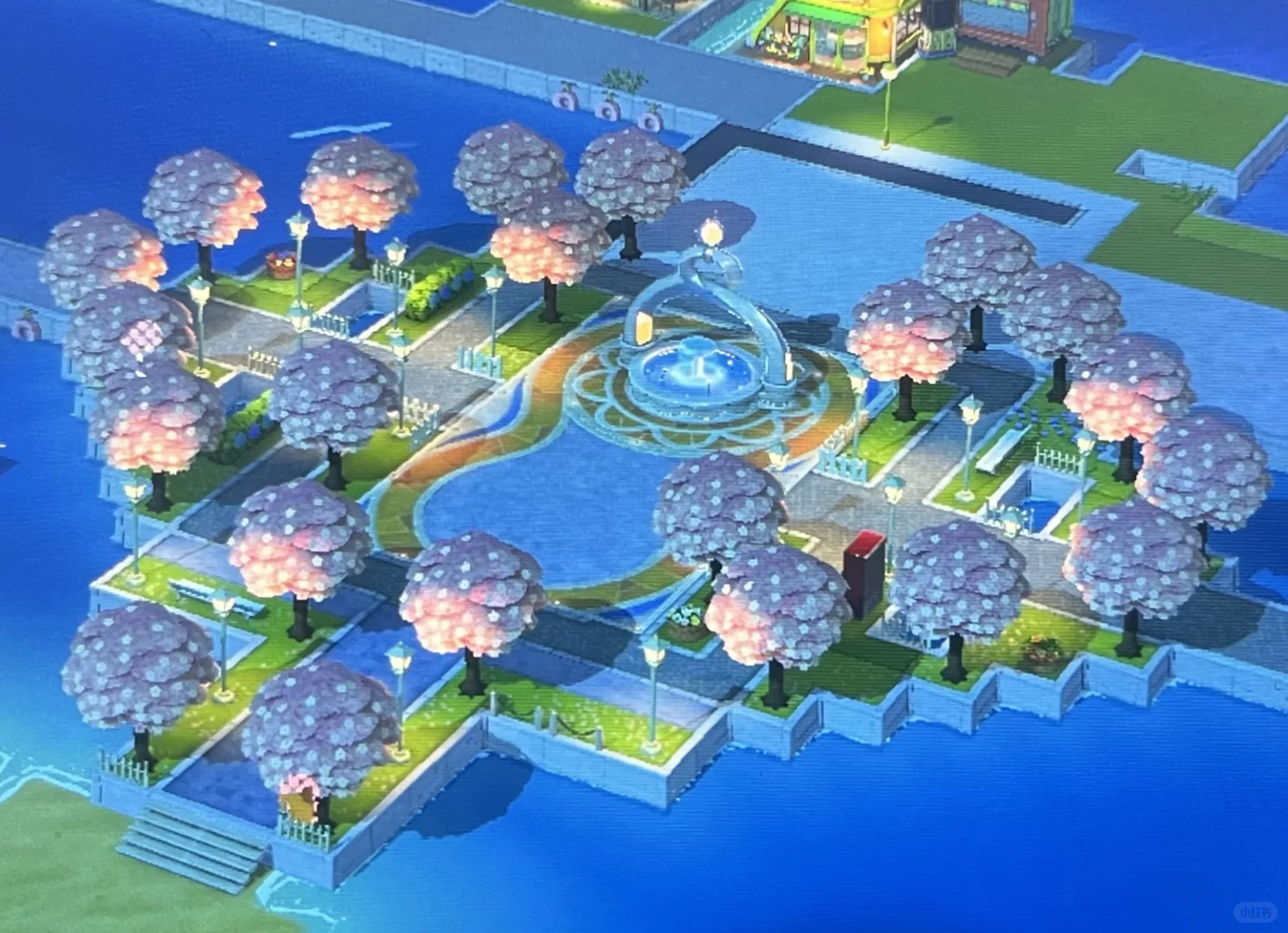 Fontaine en forme de cœur avec cerisiers et grille pixel — Tomodachi Life motif DIY (image 2)