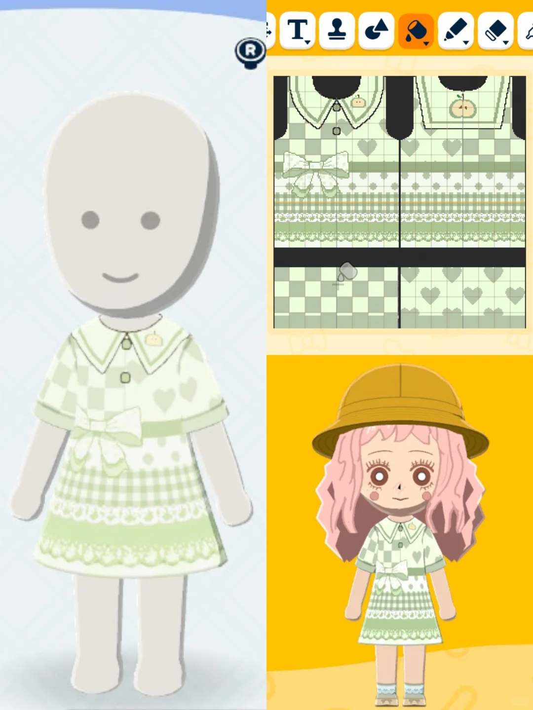 Green Apple Doll Dress Clothing Pattern Sheet with Process — Tomodachi Life DIY pattern