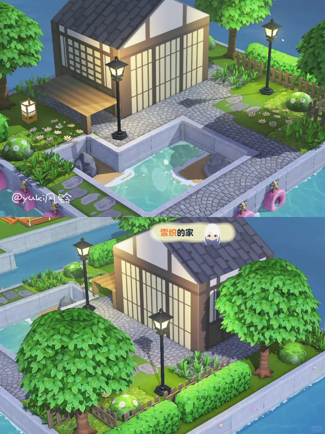 Jardin japonais avec étang et véranda sur l'île — Tomodachi Life motif DIY
