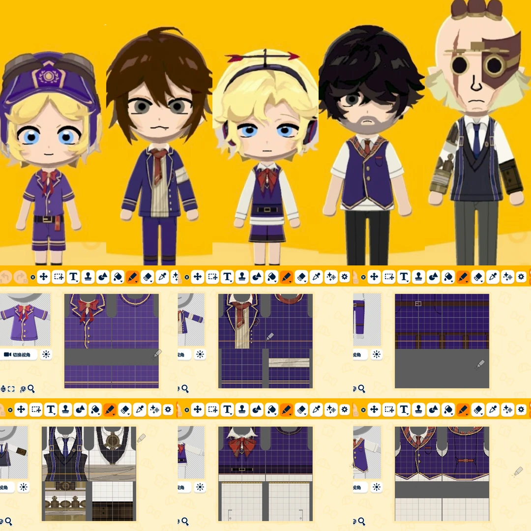 研究チームのMii顔データと服のデザインシートまとめ — トモダチライフ DIY 図案（1枚目）