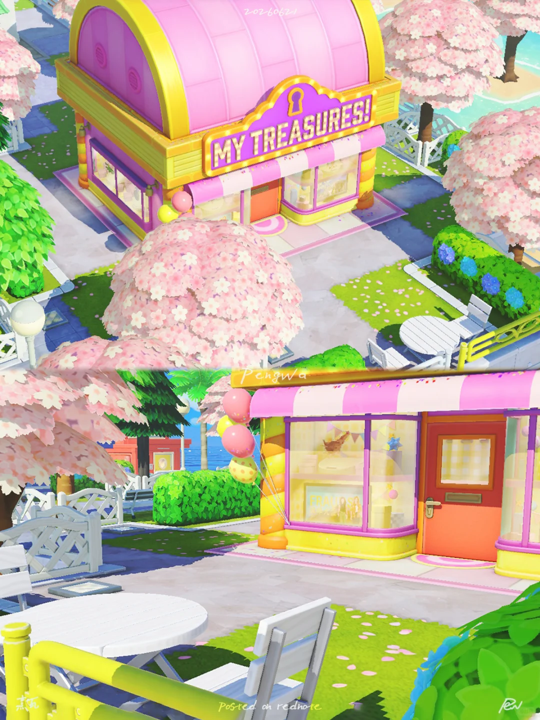 桜に囲まれたピンクと青の宝物屋さん — トモダチライフ DIY 図案（2枚目）