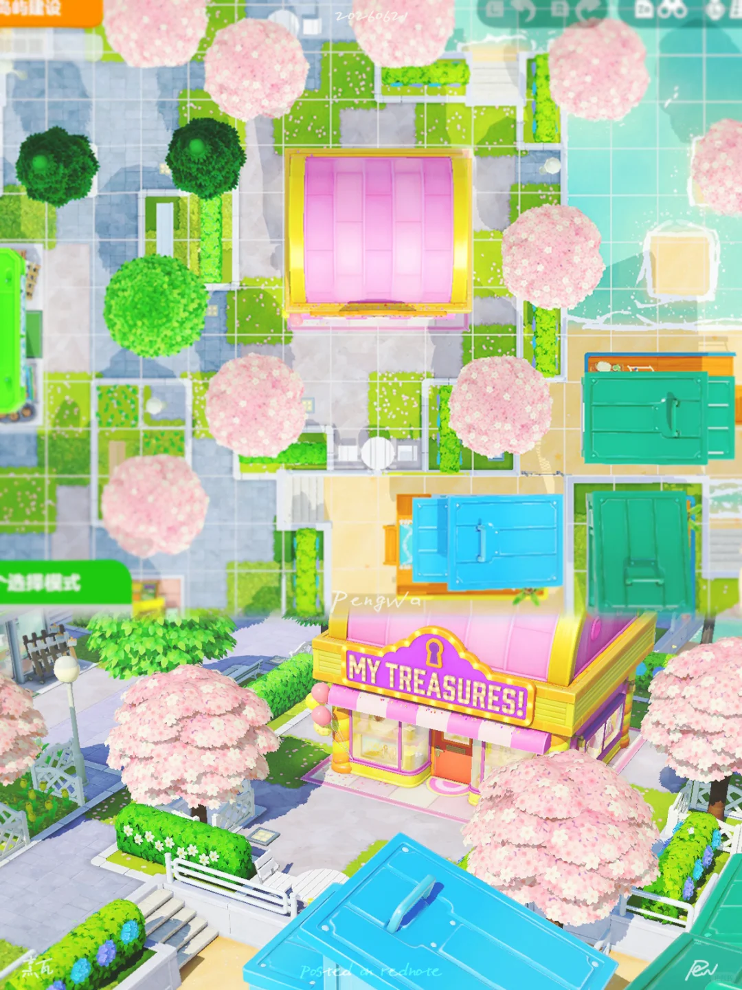 桜に囲まれたピンクと青の宝物屋さん — トモダチライフ DIY 図案（3枚目）