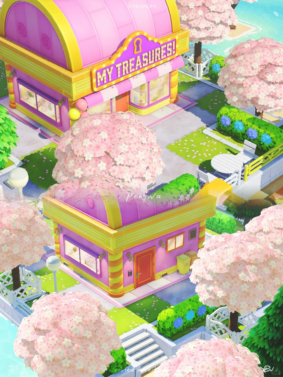 桜に囲まれたピンクと青の宝物屋さん — トモダチライフ DIY 図案（4枚目）
