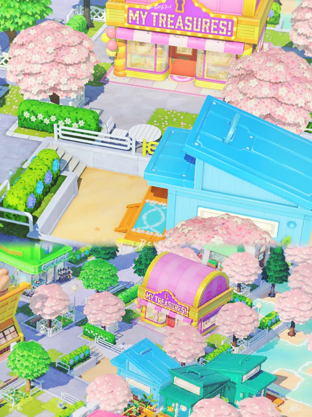 桜に囲まれたピンクと青の宝物屋さん — トモダチライフ DIY 図案（5枚目）