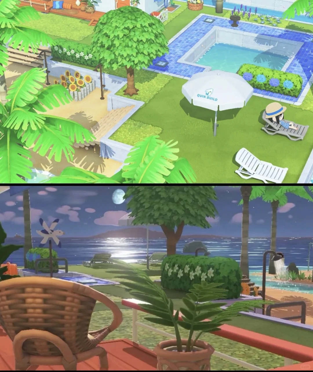 Eastern Island House with Moonrise View and Retro Square Pool — Tomodachi Life DIY pattern