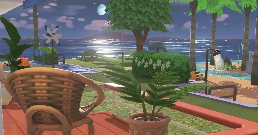 Maison de l’île est avec vue sur le lever de lune et bassin carré rétro — Tomodachi Life motif DIY (image 2)