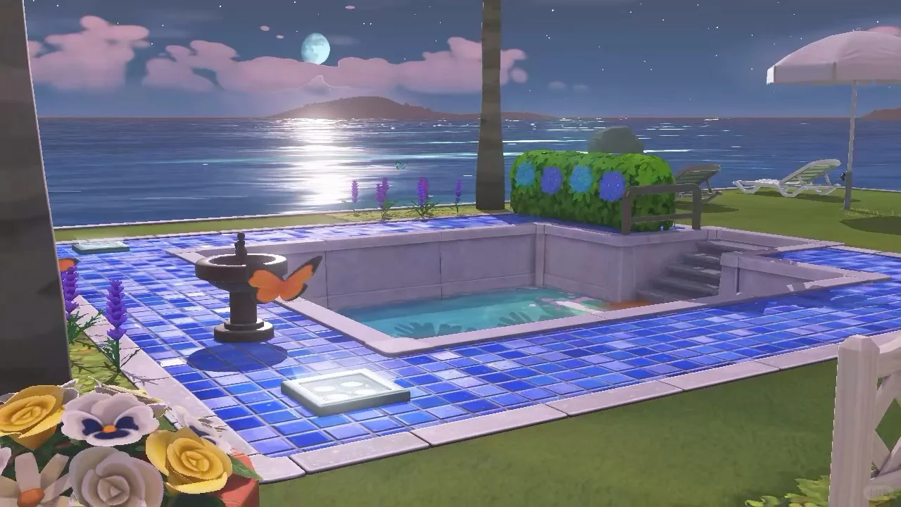 Maison de l’île est avec vue sur le lever de lune et bassin carré rétro — Tomodachi Life motif DIY (image 3)
