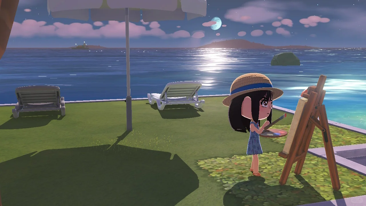 Maison de l’île est avec vue sur le lever de lune et bassin carré rétro — Tomodachi Life motif DIY (image 6)