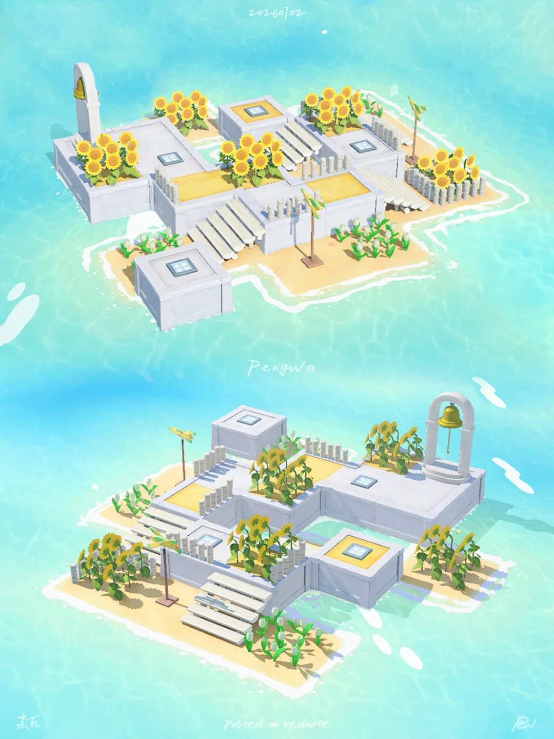 ☁️ Plate-forme de cloche de prière avec nuages et tournesols - Prière du matin — Tomodachi Life motif DIY (image 1)