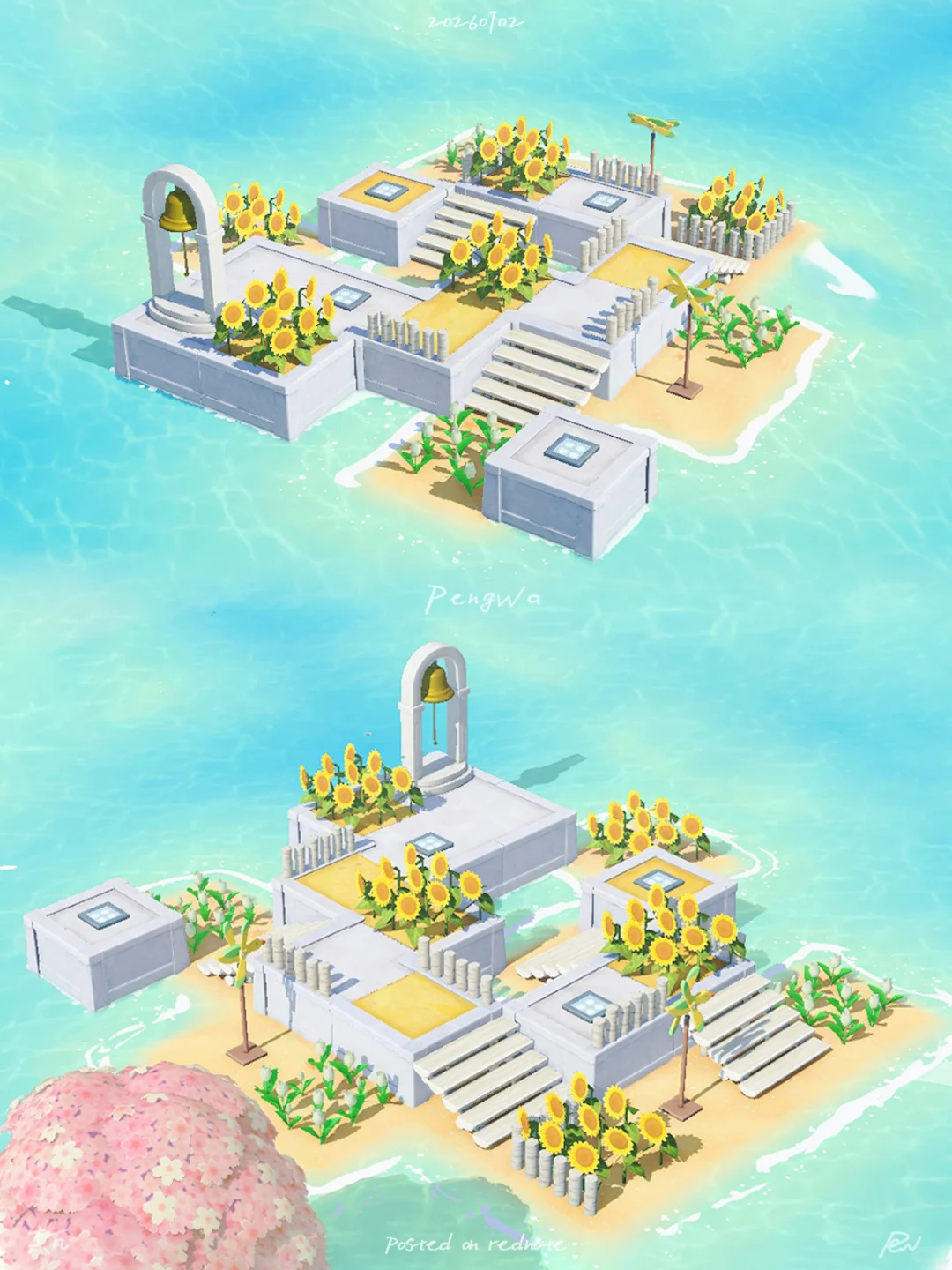 ☁️ Plate-forme de cloche de prière avec nuages et tournesols - Prière du matin — Tomodachi Life motif DIY (image 2)